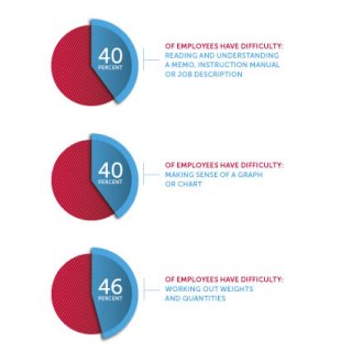 Forty per cent of employees have difficulty reading and understanding a memo, instruction manual or job description. Forty per cent have difficulty making sense of a graph or chart. And 46 per cent have difficulty working out weights and quantities.